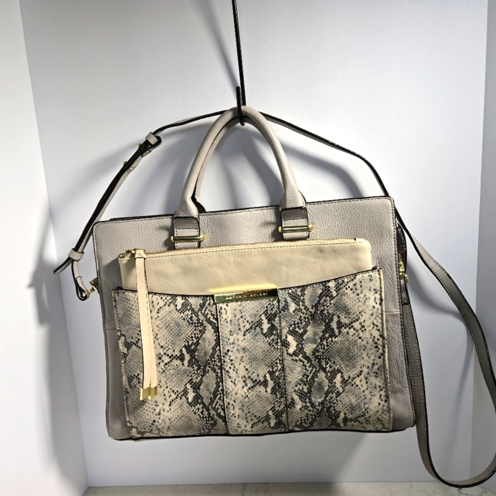 Antonio Melani Leather Laptop Tote Purse in Snakeskin Print & Matching Clutch